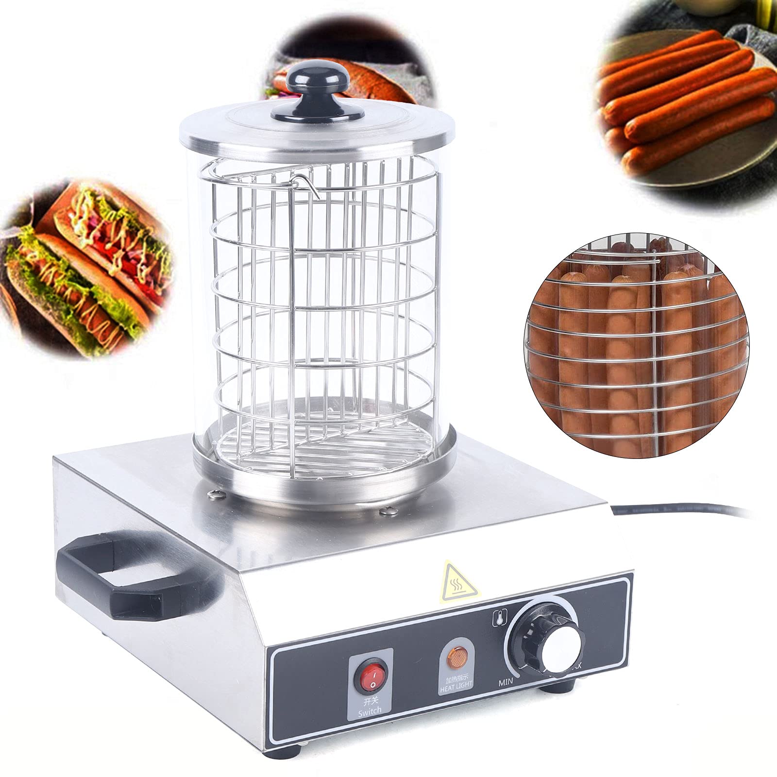 Hot-dog-maker, elektrisch, hot dog-machine, 422 W, worstkooktoestel, roestvrij staal, bockworstverwarmer, verwarmingstoestel met ruim stoomreservoir, worstkoker voor restaurants, snackbars