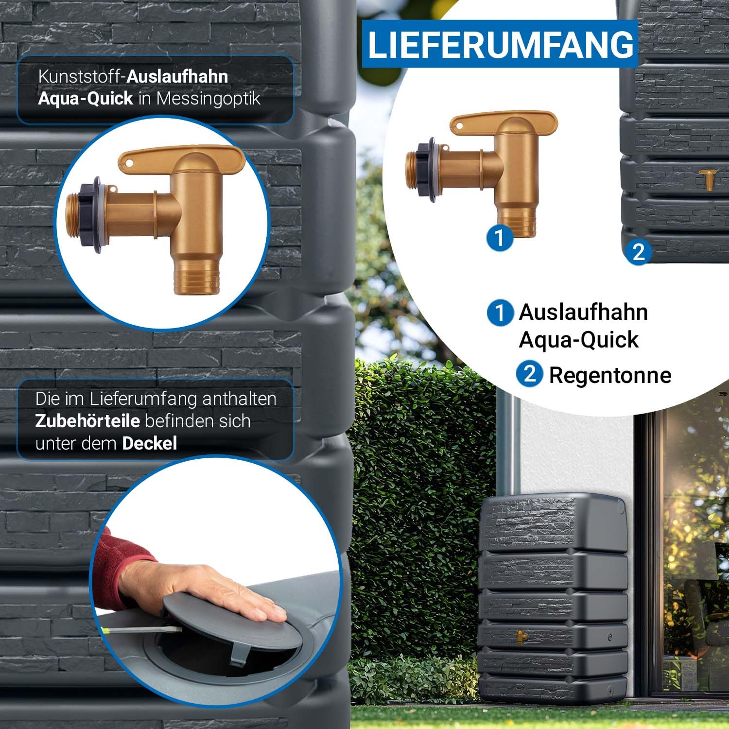 4rain Slim Stone Decor Regentonne Mauertank 510 Liter Graphite Grey - in Steinoptik und Anthrazit - Regenwassertank für den Außenbereich - praktischer Wasserbehälter zur Gartenbewässerung am Haus