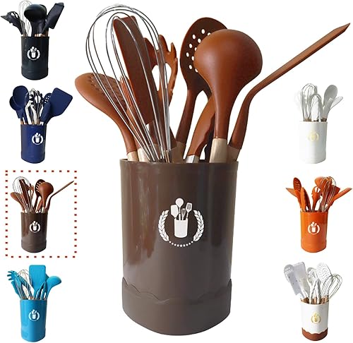 BRIIEC Juego de utensilios de cocina de silicona marrĂłn, resistente al calor, juego de utensilios de cocina de silicona con mango de madera, BRIIEC Juego de utensilios de cocina de silicona marrĂłn, resistente al calor, juego de utensilios de cocina de silicona con mango de madera,