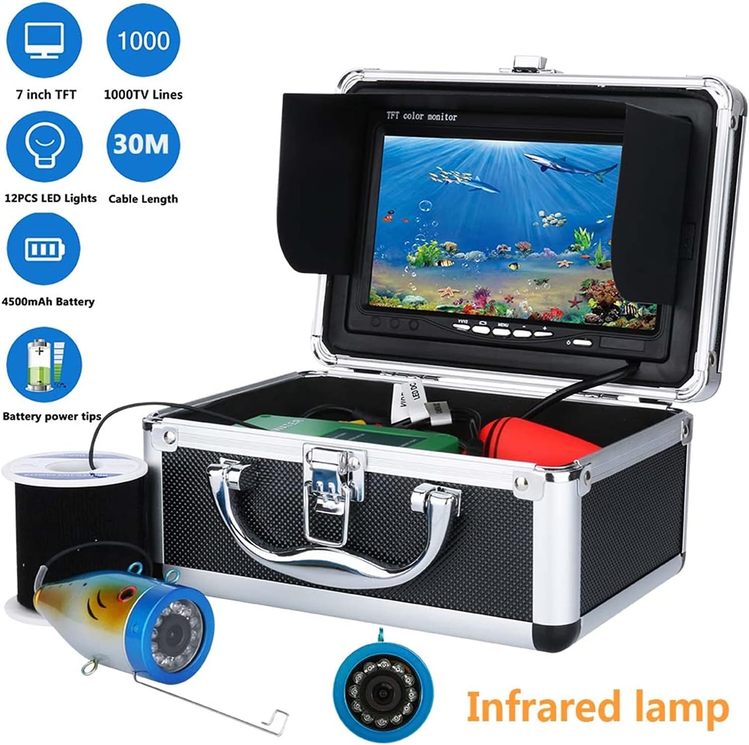 Fish Finders Depth Finders 7" Inch 1000tvl Underwater Fishing Video Camera Kit 12 PCS LED Infrared Lamp Lights Video Fish Finder Lake Under Water Fish for Boat Kayak Sea Fishing (White LED 15M Cable