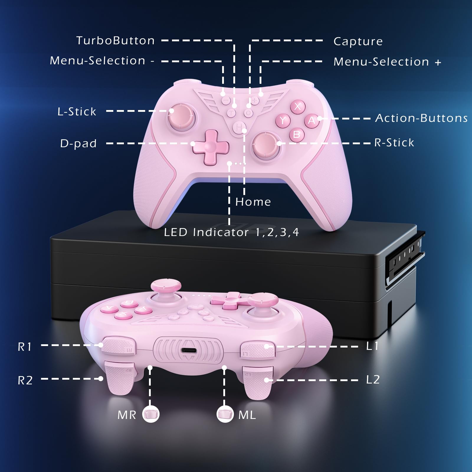 LATEC Manette pour Switch, Manette Sans Fil Compatible avec Switch Lite/Oled,TURBO/Programmation Macro/Vibraton Réglable/6 Axes Gyroscope/Capture d'écran-Rosa