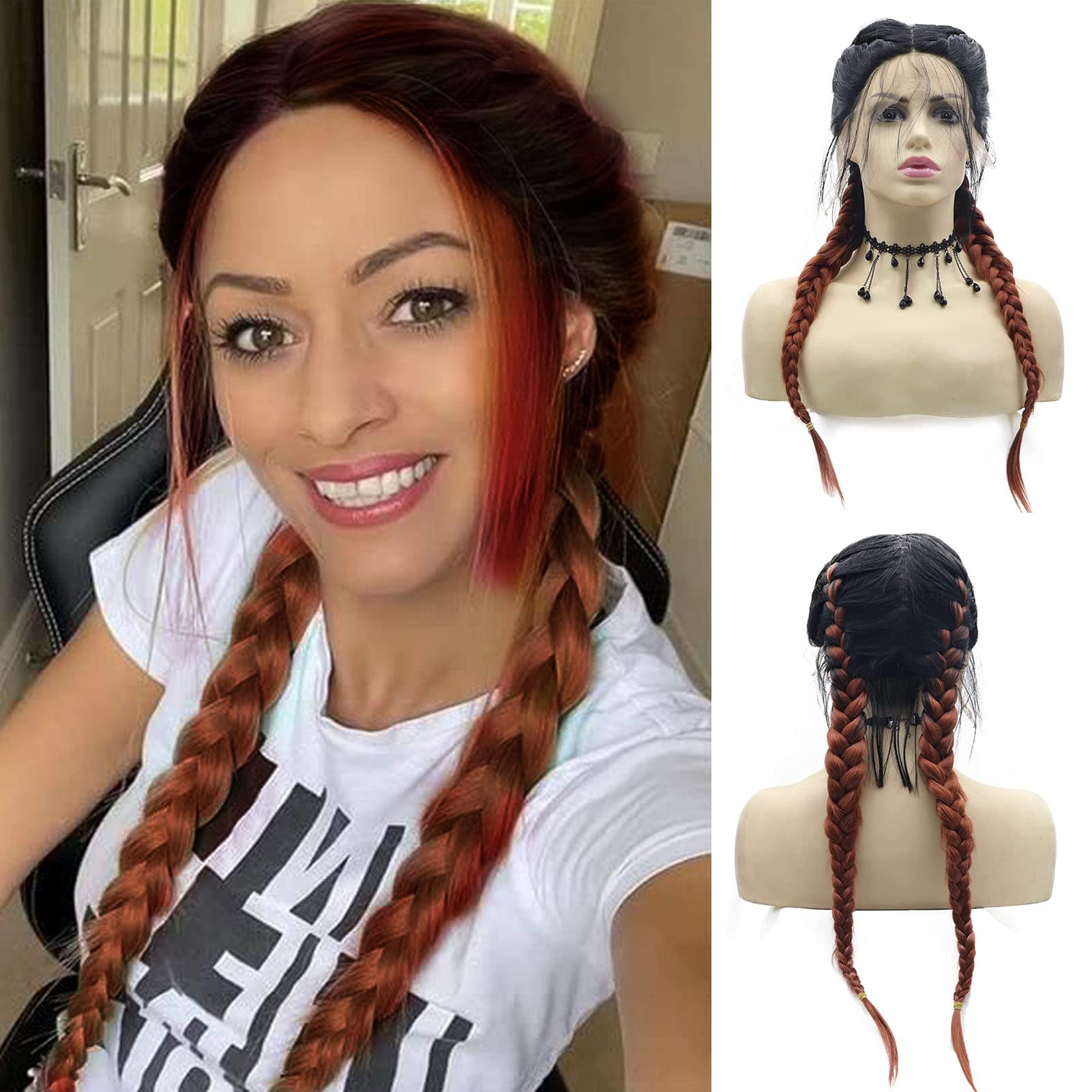 Synthetic Lace Front Wig Heat Resistant 22 Inch Braided Daily Cosplay Long Wavy Brown Lace Front Synthetic Wigs Cosplay Daily Heat  main image 4