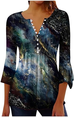 Blusa de verano de manga 34 para mujer, con botones, cuello en V, casual, túnica para llevar con leggings