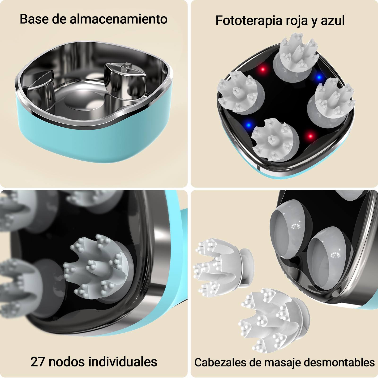 Masajeador de Cuero Cabelludo Eléctrico IPX7, 4D Recargable con 108 Puntos de Masaje, para Crecimiento del Cabello y Relajación - Uso en Cabeza y Todo el Cuerpo