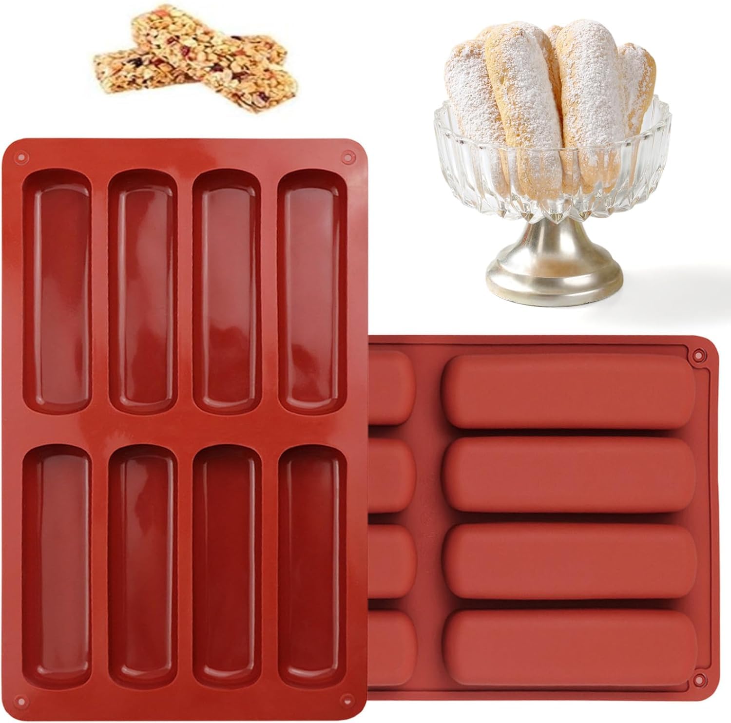 2 PCS Rectangle Silicone Granola Bar Moulds 8 Cavity Non Stick High-Temperature Resistant Baking Mold Energy Bar Maker for Chocolate Bread Biscuit Brownie Pudding Soap (Red)