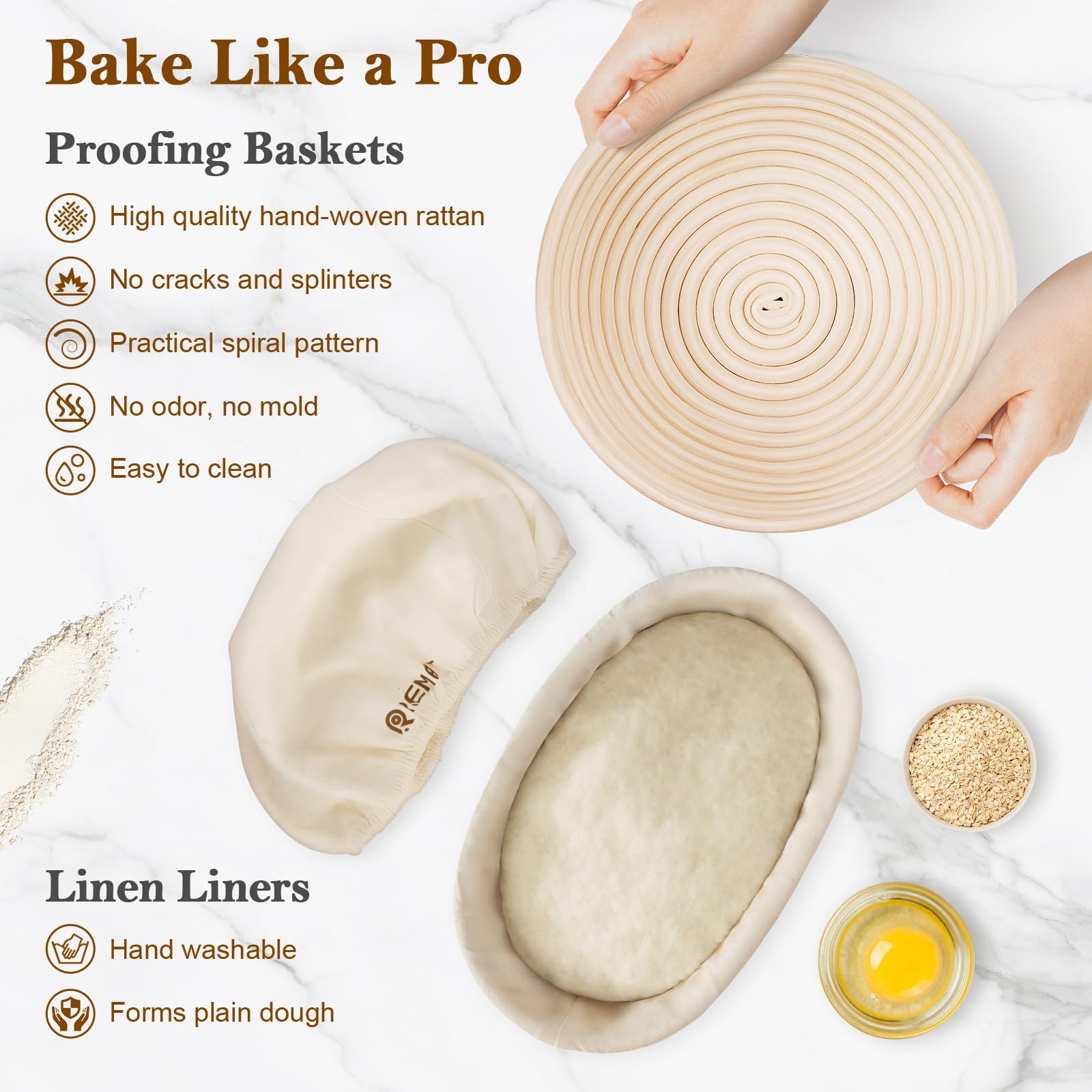 Sauerteig Starter Set, Gärkörbchen. 23cm Rund & 25cm Oval Gärkörb Brot, Gärkorb Set mit Sauerteig Glas, Dänischer Schneebesen, Teigschaber, Bäckermesser und Schlinge