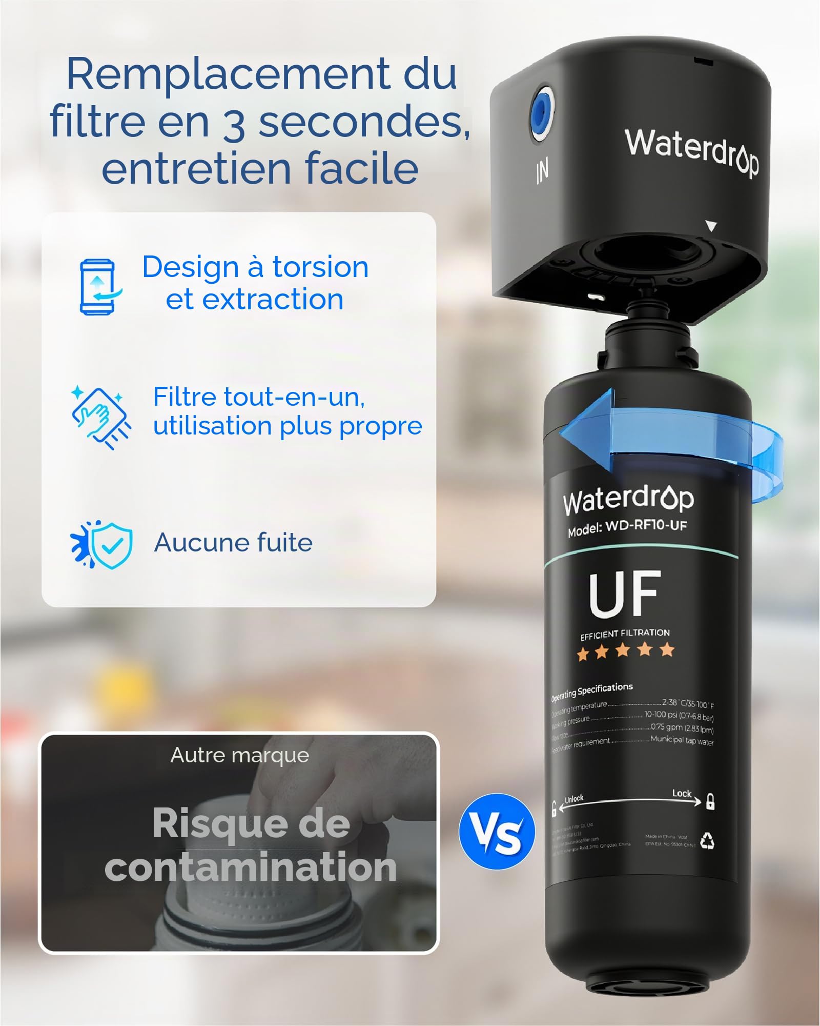 Waterdrop RF10-UF Catouche de filtre de rechange 0,01 micron pour filtre à eau sous évier 10UA/10UA-UF/10UB/10UB-UF, réduit le plomb, le chlore, le mauvais goût et les odeurs