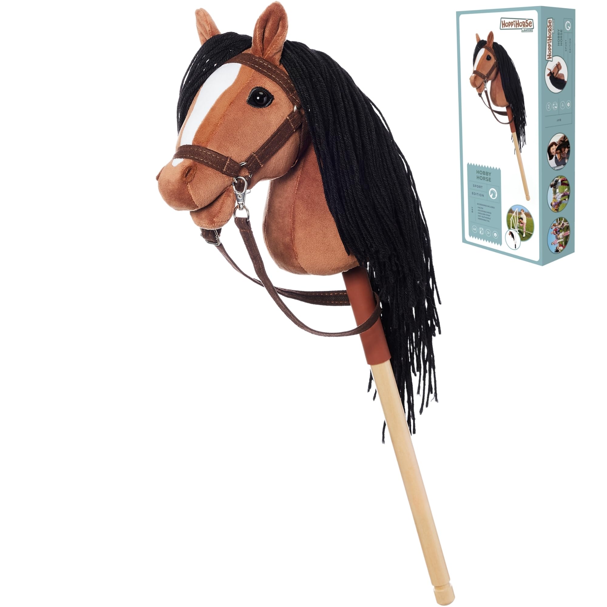 HOPPIHORSE-Edizione Sportiva Hobby Horse A4, Cavallo con bastone con cavezza, redini, tracolla, coda e impugnatura in silicone, Hobby horse cavallo di alta qualità in peluche in una confezione regalo