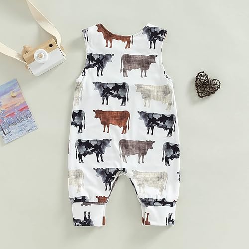 Miniatura 4 de Western Baby - Overol casual de verano para niños y niñas sin mangas cuello redondo estampado de ganado de dibujos animados