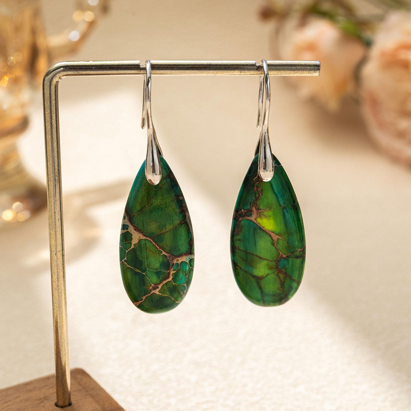 925 Sterling Silver Natural Imperial Jasper Dangle Drop Earrings, Waterdrop Shape, Boho Style