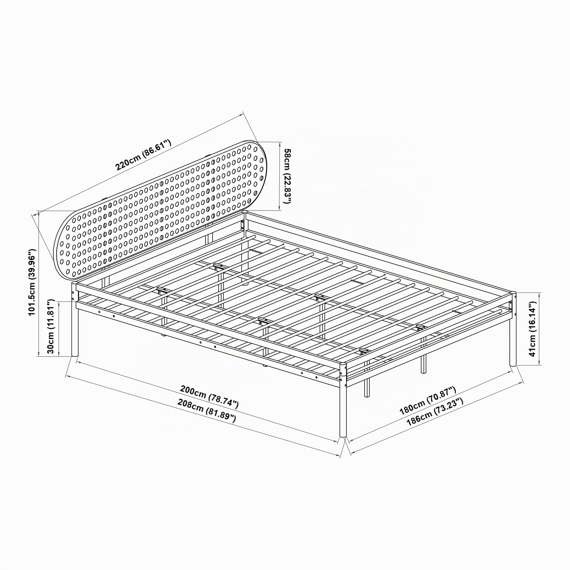 [en.casa] Bett Linköping 180 x 200 cm Bettgestell und Lattenrost Metallbett mit ovalem Kopfteil Doppelbett max. 300 kg Schwarz mit Rattanoptik