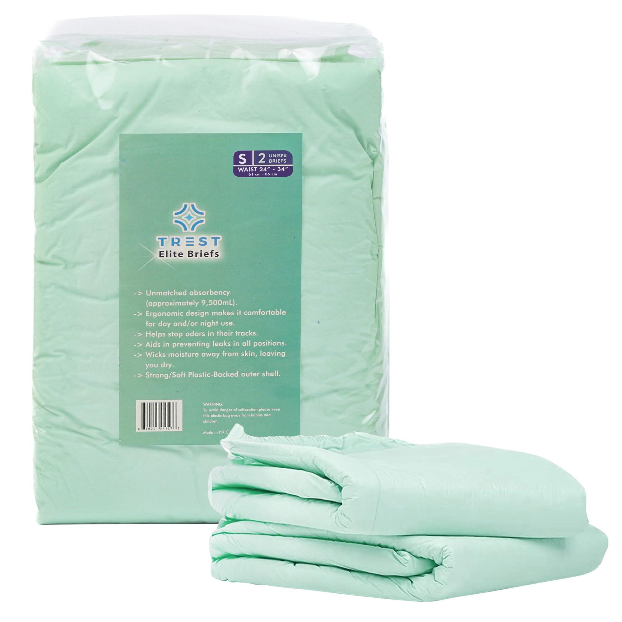 TREST Elite Briefs for Men and Women, Overnight Diapers for Incontinence, Elite Absorbency, Comfortable, Odor Neutralizing and Secure Fit with 2 Wide Tabs - Green, Small (Pack of 2)