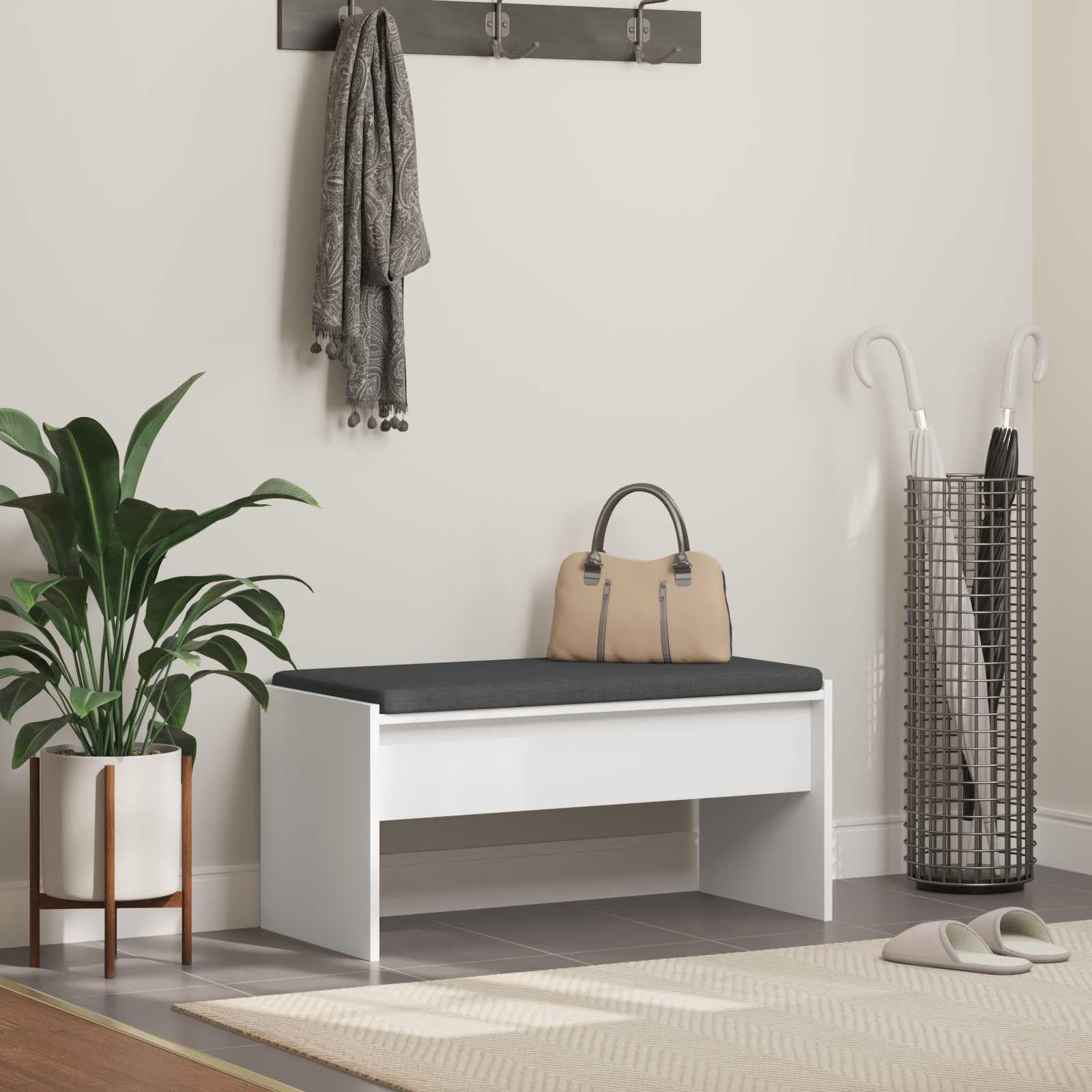 Banco moderno rectangular con cojín, color blanco, 83 x 38 x 40 cm, banco de madera con patas estables, superficie de fácil cuidado, ideal para pasillo y entrada