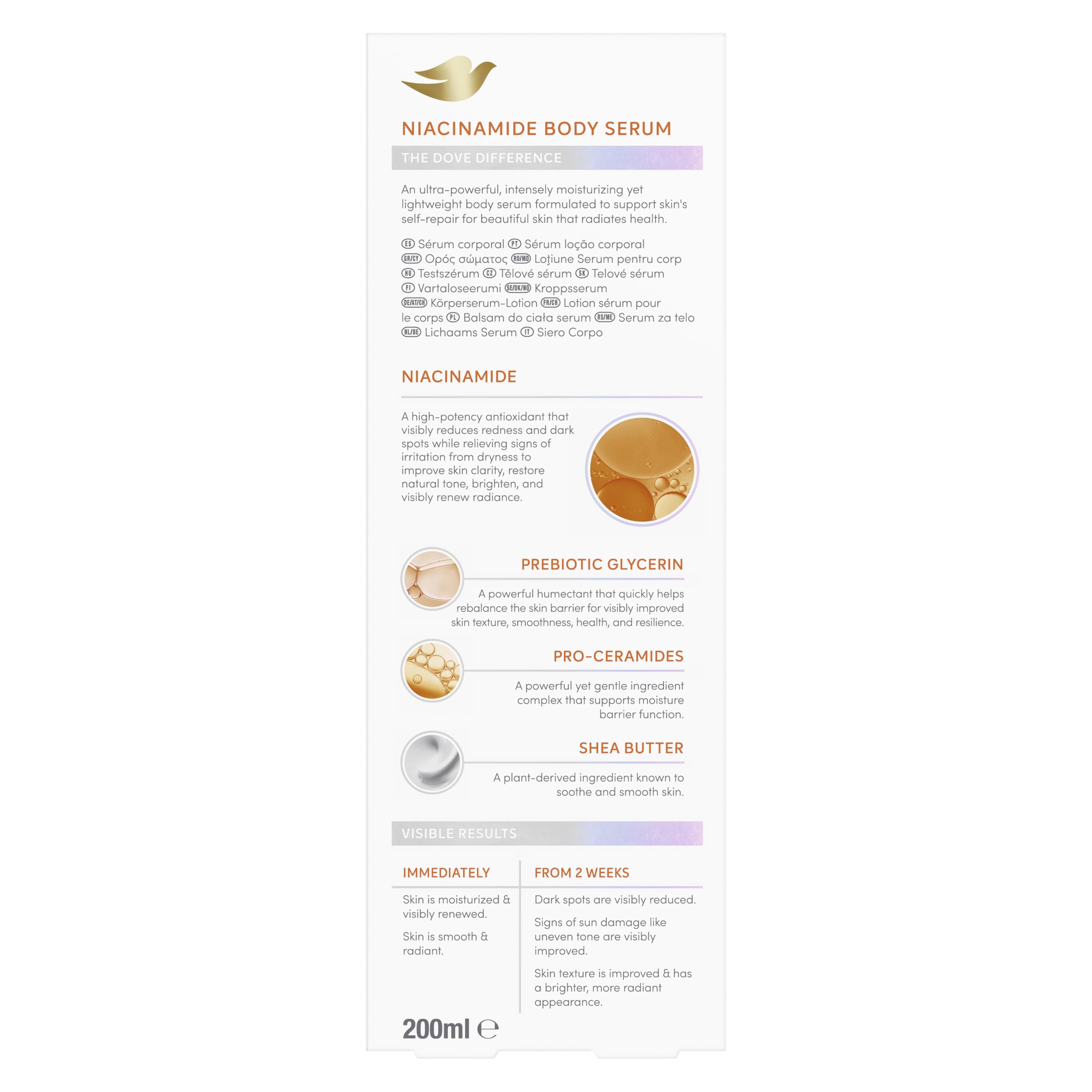 Dove Sérum Corporal Niacinamida +Tono Uniforme para piel con manchas y tono desigual con niacinamida, glicerina prebiótica, pro-ceramidas y manteca de karité 200 ML