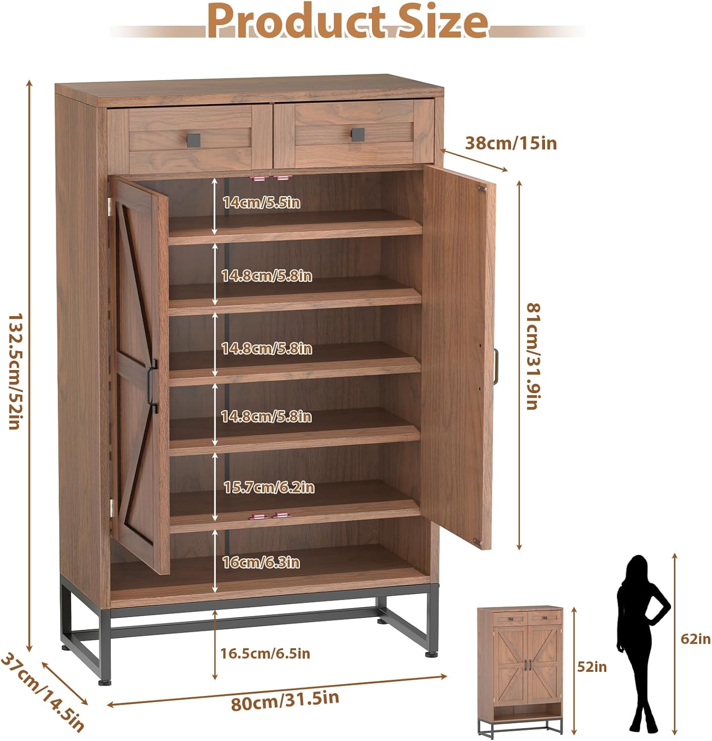 6-Tier Shoe Storage Cabinet with Drawer & Doors - Adjustable Shelves, 52" Tall Shoe Rack Organizer for Entryway, Hallway, Closet, Living Room - Farmhouse Style (Rustic Brown)