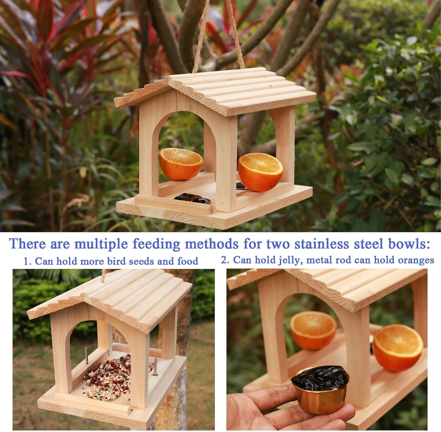 Wooden Bird Feeder Hanging Apples and Oranges Jelly Oriole Bird Feeder Garden Yard Decorations for Finches Cardinals Chickadees & Sparrows Watching Outdoor
