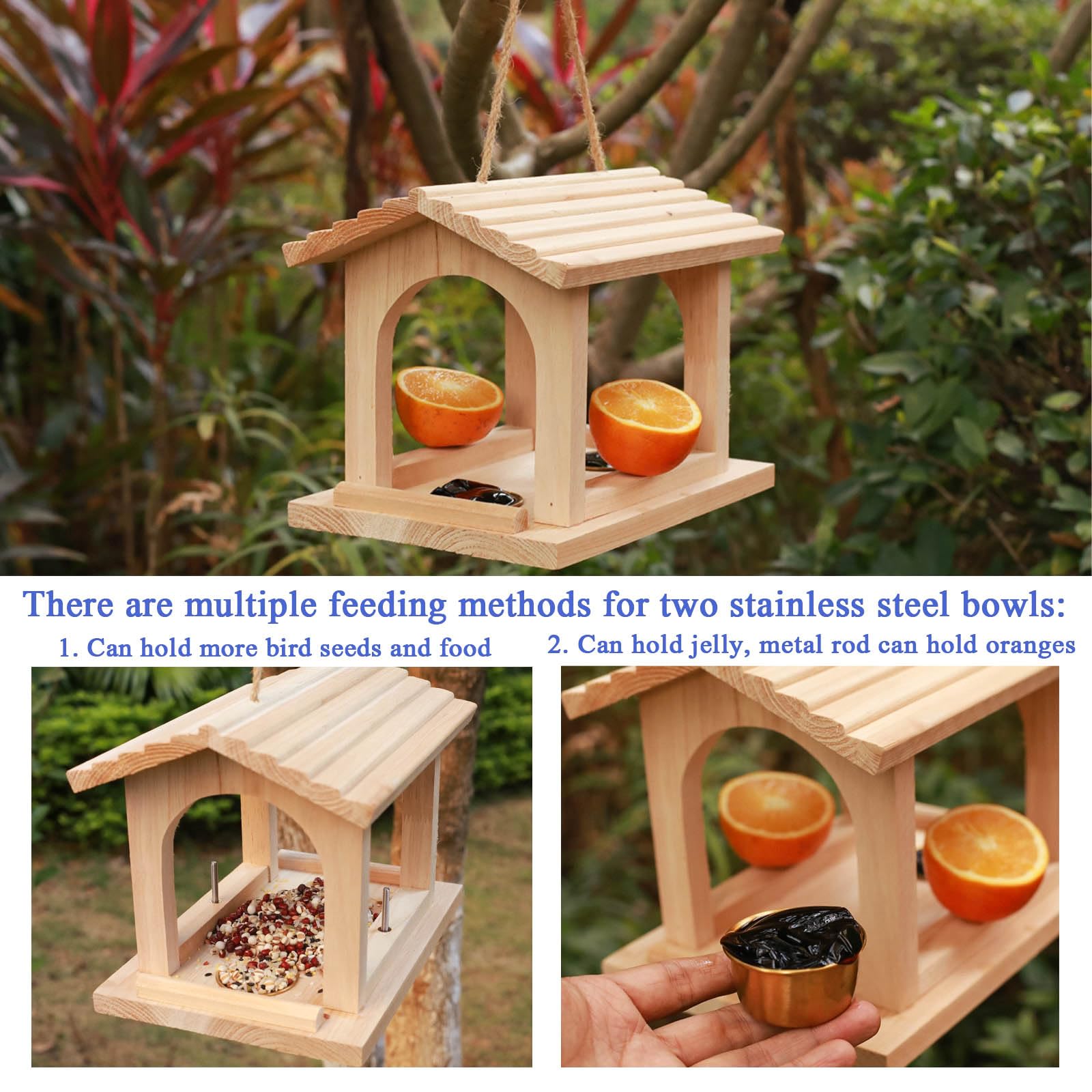 Comedero para pájaros de madera al aire libre, comedero colgante para pájaros, decoración de jardín al aire libre, para pinzones, cardenales, gallinas y gorriones, observación de aves