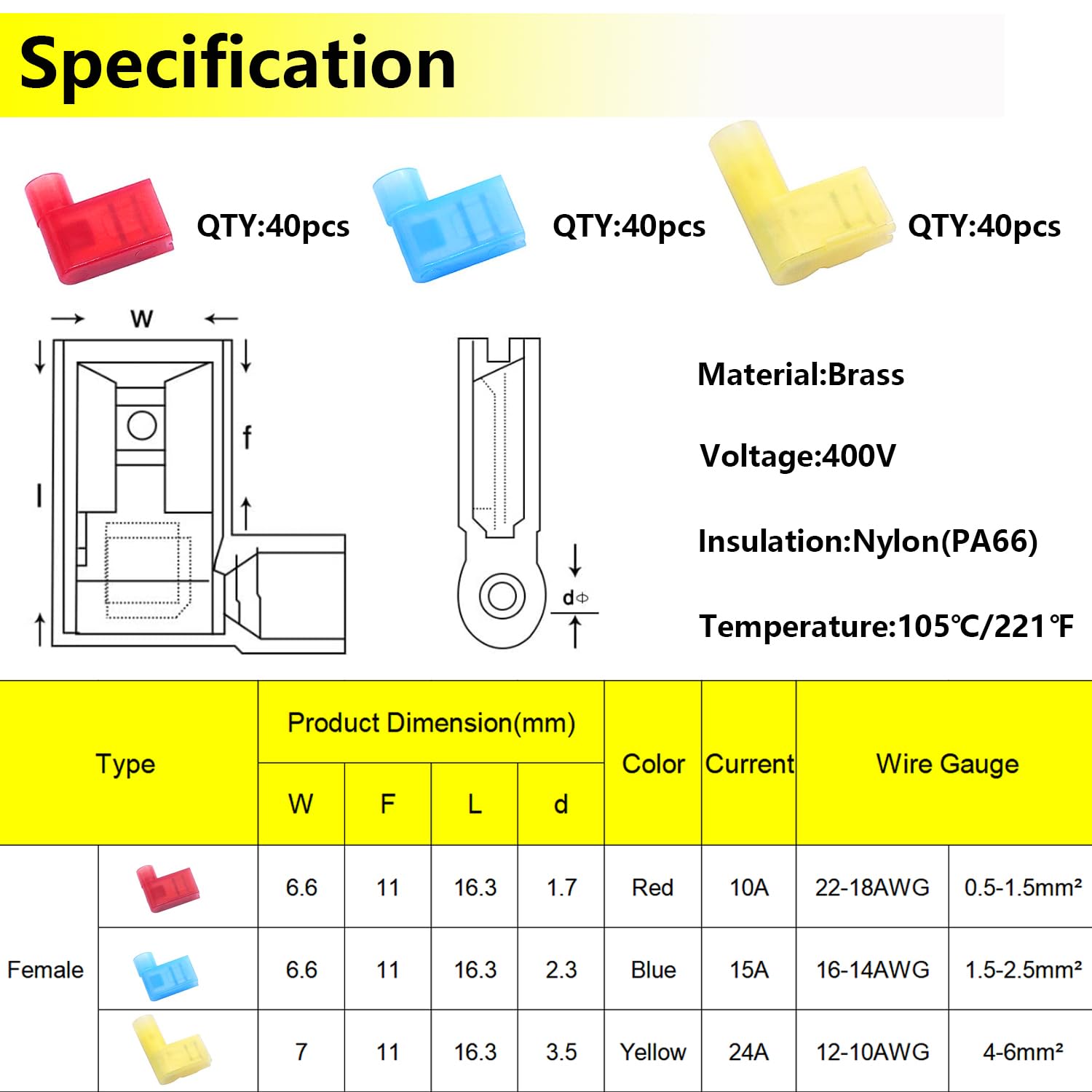 Smseace 120Pcs Right Angle Spade Connector 22 18/16 14/12 10AWG