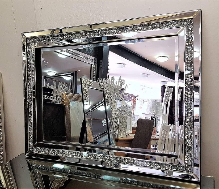 blingworld Decorative Wall Mirror, 32x24 Crushed Diamond Mirrors with Crystal for Wall Decor Living Room Silver Luxury Modern Mirrored Home Decoration Big Large Mirror Silver