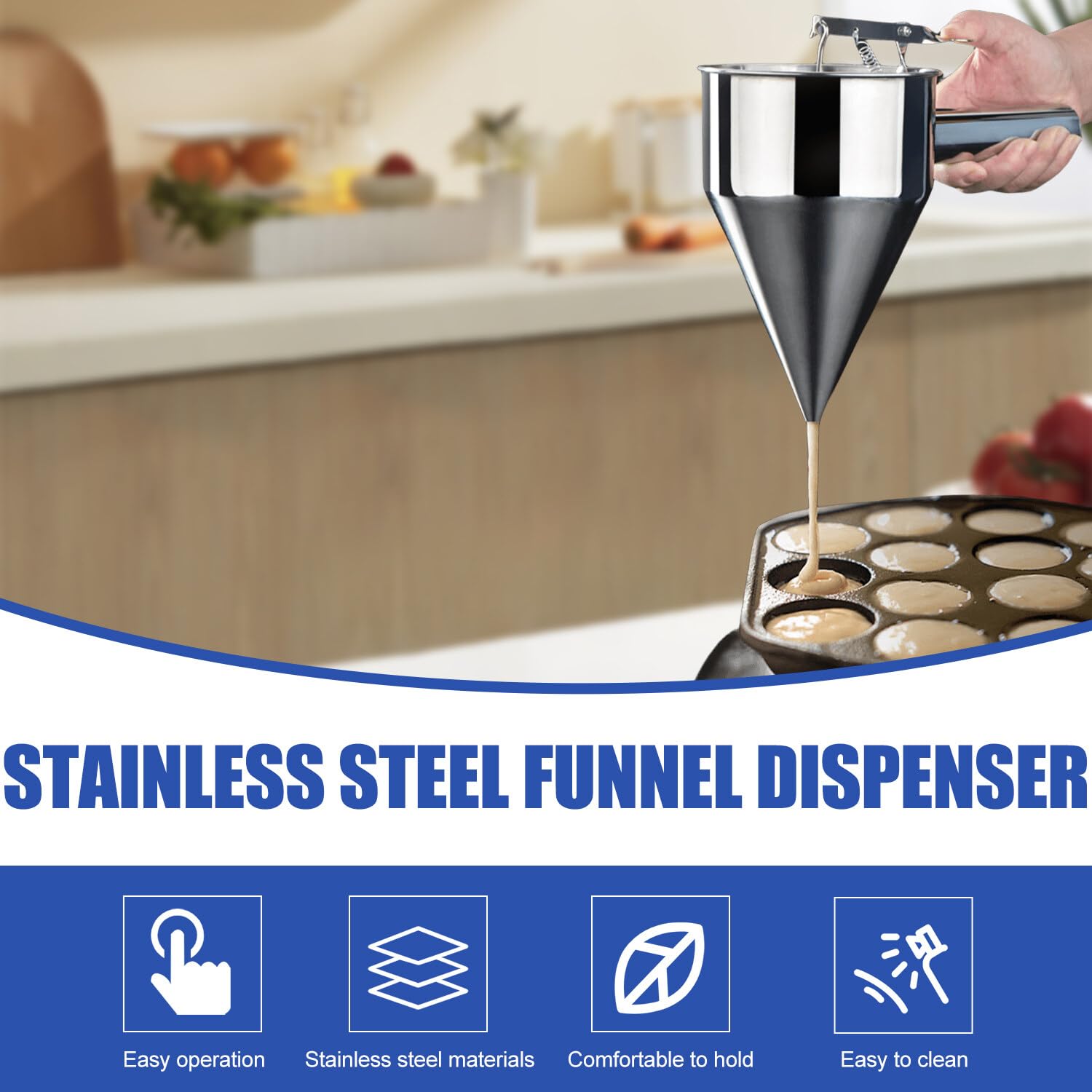 Dispensador de masa para panqueques, 1200 ml, acero inoxidable, multi-calibre, con soporte y 4 boquillas de repuesto