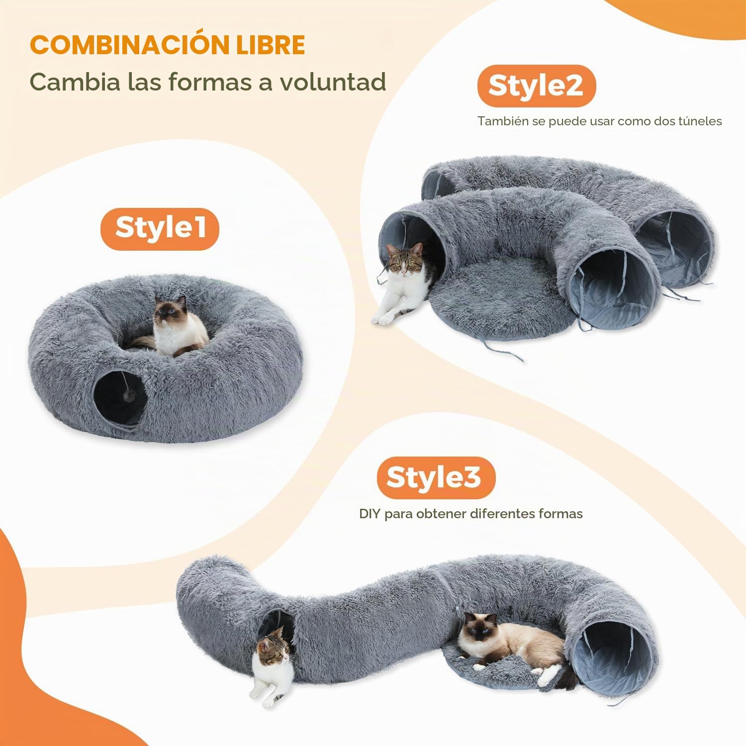 PAWZ Road túnel de felpa para gatos de interior, juguete multifuncional para gatos color gris