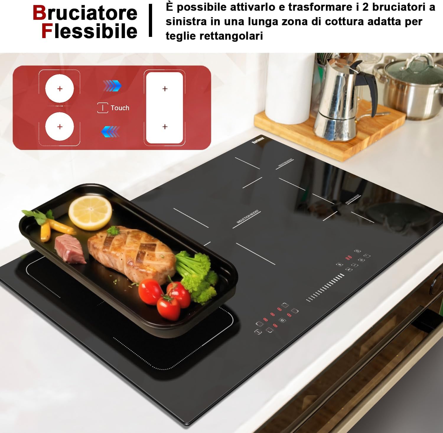 Diagram showing how to activate and use the flexible burner zone on the Karinear Induction Hob