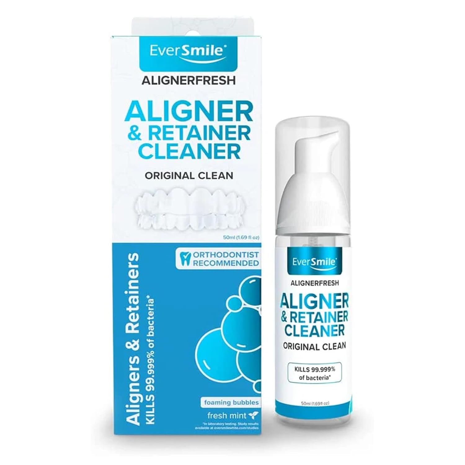 EverSmile AlignerFresh Original Clean Foam – Cleaner Compatible w/Invisalign and All Clear Aligners & Retainers – Eliminates Bacteria, Whitens Teeth, Fights Bad Breath – 50ml (1 Pack)