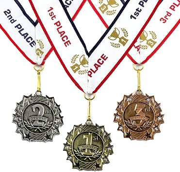 1st 2nd 3rd Place Ten Star Award Medals - 3 Piece Set Gold, Silver, Bronze Includes Neck Ribbon