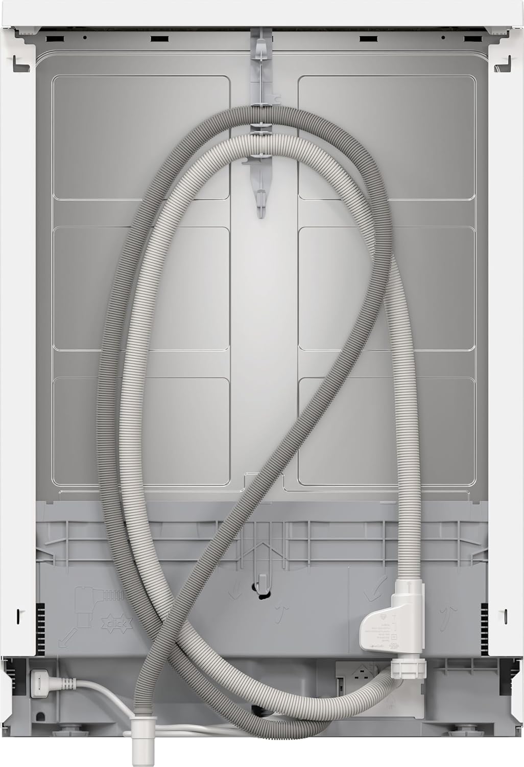 Balik deui view of Bosch SMS4EVW08E dishwasher showing water and drain hoses