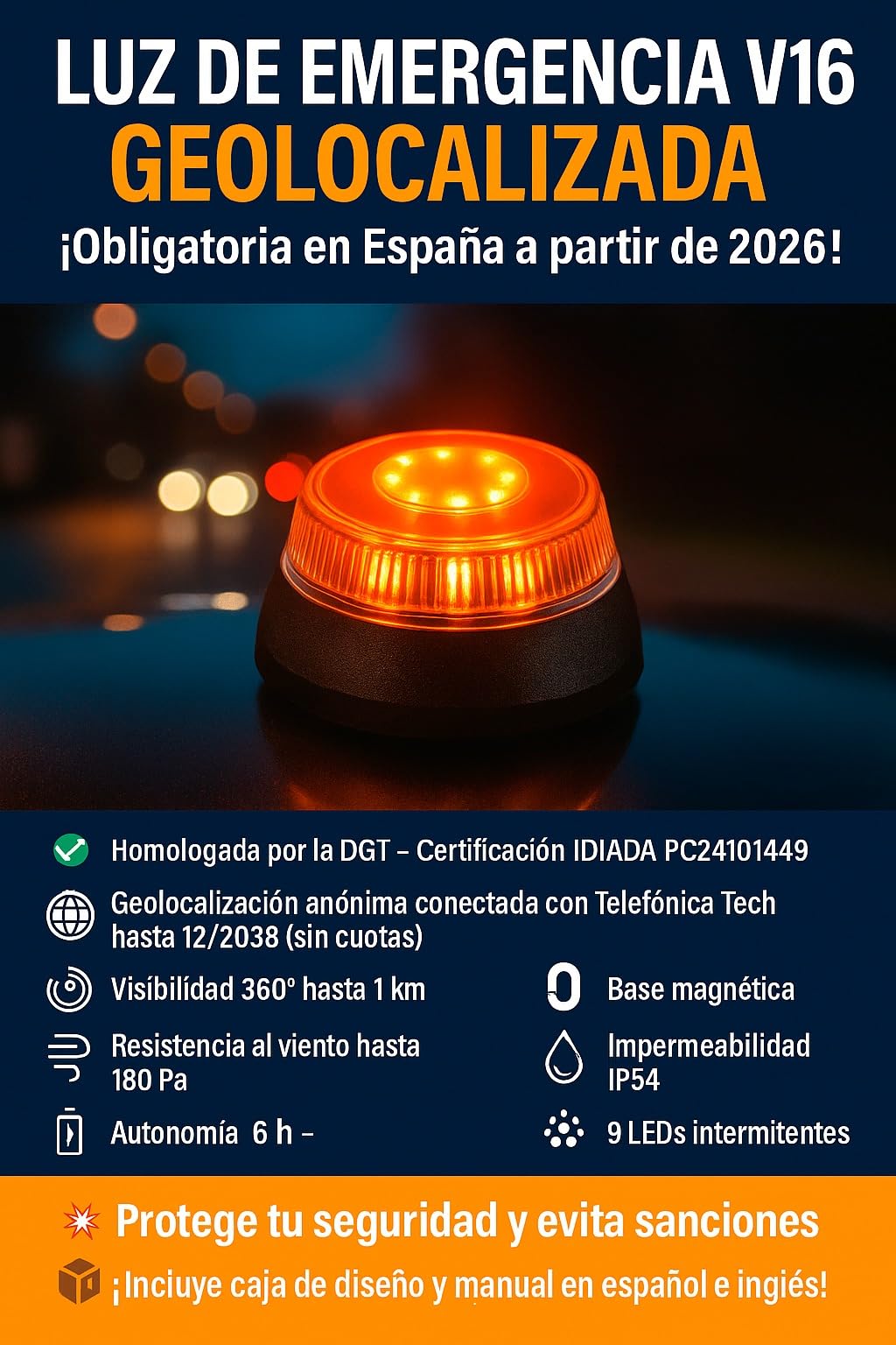 Luz de Emergencia V16 con Geolocalización – Baliza Homologada DGT 3.0. Señal V-16 para Coche con Aviso de Ubicación, con conexión de datos incluidos hasta 12/2038.