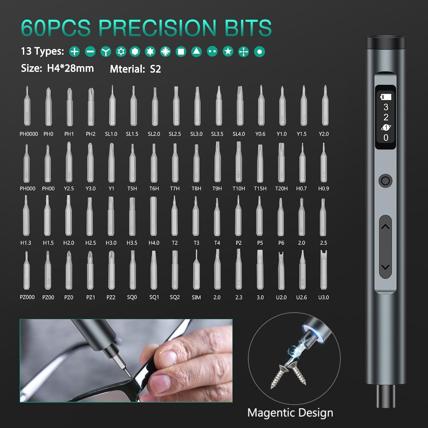 Diagram showing the 60 precision bits included in the ORIA set, categorized by type (Phillips, Flat, Torx, etc.) and size, alongside the screwdriver and its OLED display.