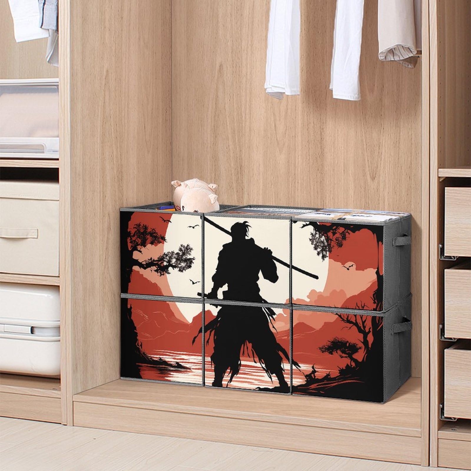 6er-Pack Aufbewahrungsboxen, 27,9 cm, Samurai-bedruckte Würfel-Aufbewahrungsbox, faltbarer Stoff-Aufbewahrungskorb mit Griffen für die Organisation zu Hause, geeignet für Kleiderschrank