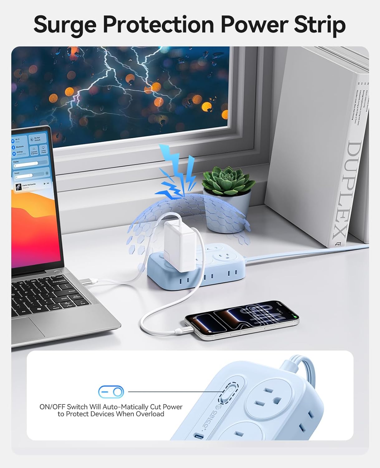 ORICO Surge Protector Power Strip, PD20W Multiple Outlets Extension Cord with 6 AC Outlets and 4 USB Charging Ports (2 USB-C), 45° Flat Plug, 5 Ft Mountable Outlet Extender for Home/Office/Dorm - OG