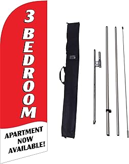 GLOBAL ADVERTISING SOLUTIONS 3 Bedroom Apartment Now Available 6ft Feather Flag Eye Catching Banner Sign for Business and Marketing Complete Set with 8ft Pole Kit Travel Bag and Ground Spike (Red)