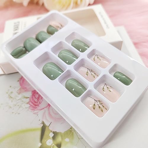 Miniatura 2 de Uñas postizas cortas a presión, uñas postizas cuadradas acrílicas con diseños de hojas, elegantes verde lago y rosa, cobertura completa, uñas