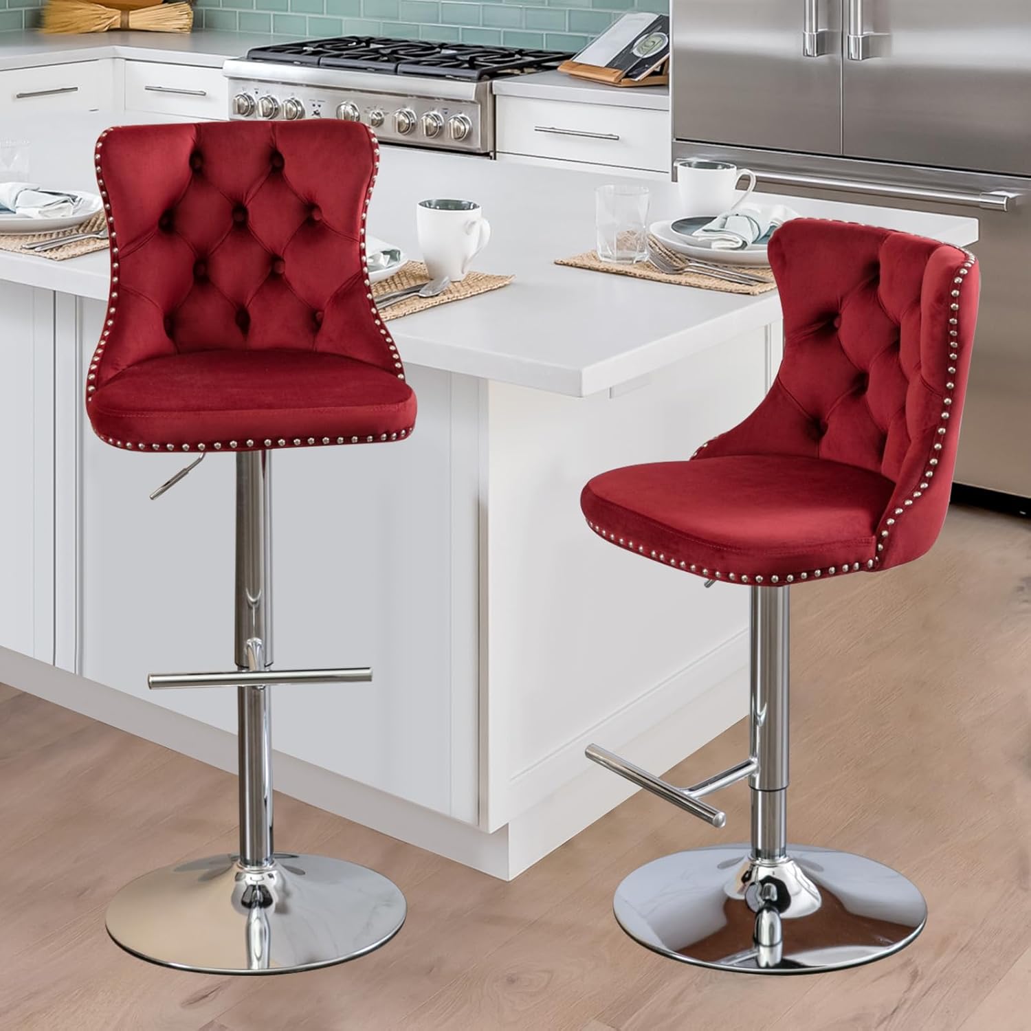 33’’ Velvet Swivel Bar Stools Set of 2 Kitchen Counter Adjustable Height Upholstered Barstools with Silver Leg and Back for Kitchen Island, Bar, Dining Room(Wine Red-Silver Leg,Set of 2)