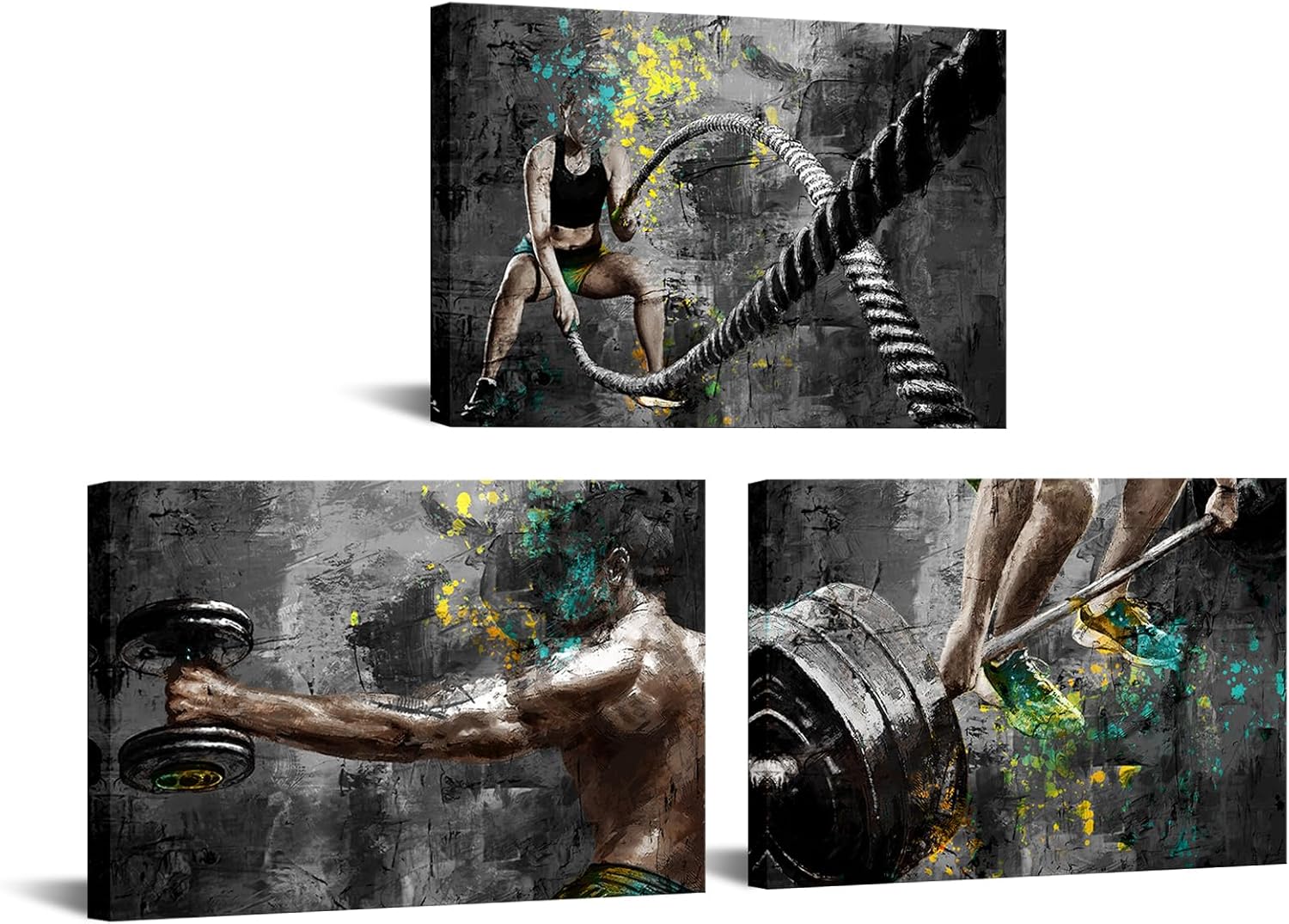 iKNOW FOTO 3 Piece Gym Wall Art Set Weightlifting Fitness Canvas Prints 16x24 Inch Black and White Bodybuilding Artwork with Color Splash for Home Gym Workout Room Man Cave Exercise Studio Decor Ready to Hang
