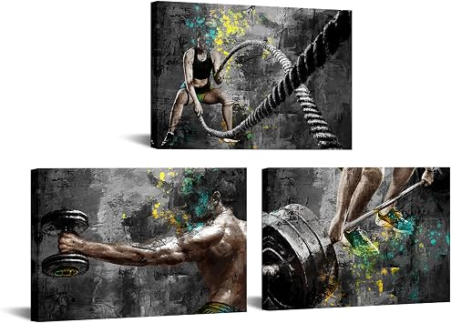 iKNOW FOTO 3 Piece Gym Wall Art Set Weightlifting Fitness Canvas Prints 16x24 Inch Black and White Bodybuilding Artwork with Color Splash for Home Gym Workout Room Man Cave Exercise Studio Decor Ready to Hang