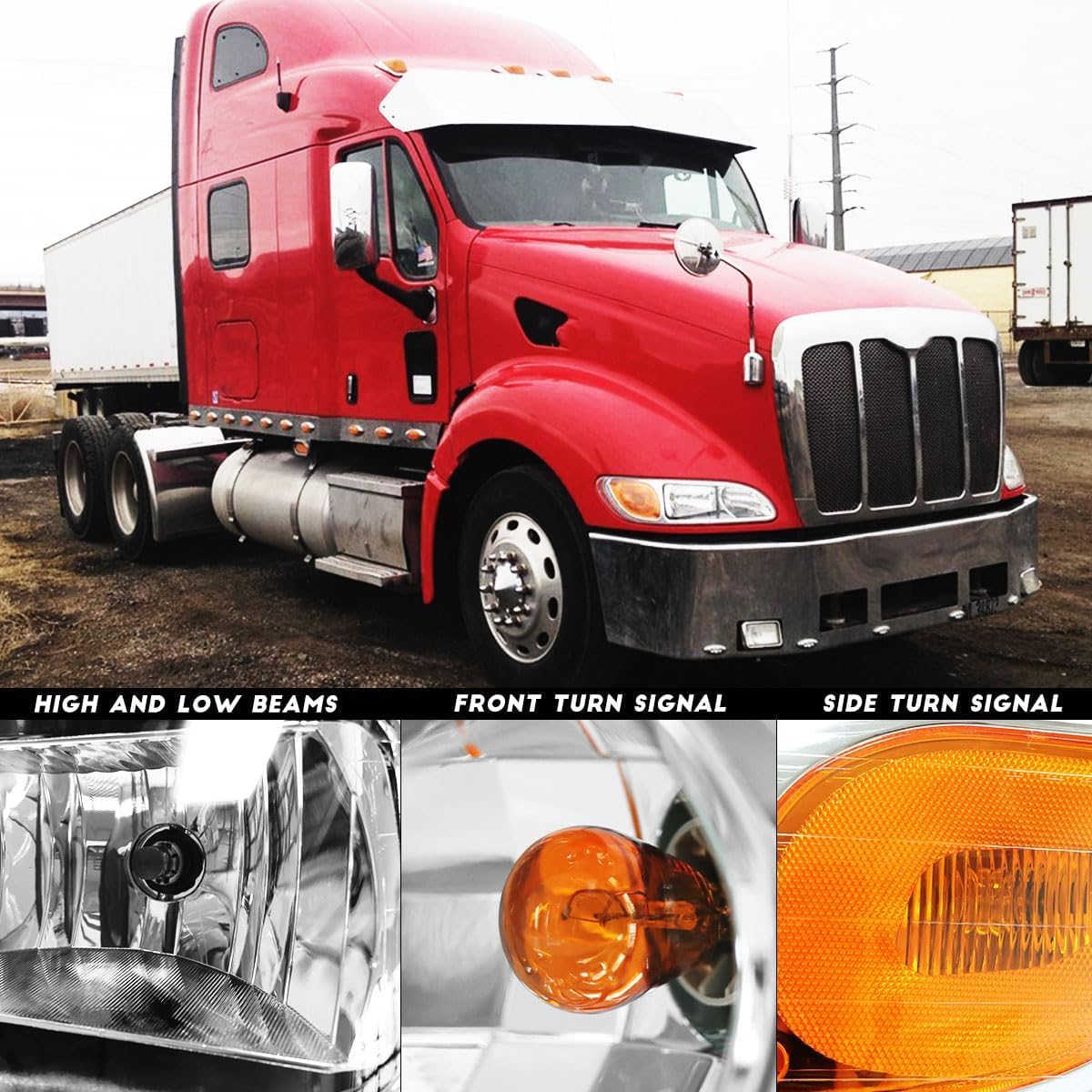 Headlights for Peterbilt 387 325 330 335 337 340 348 382 384 386 Truck High and Low Beam Bulb Left Driver Side Headlamp