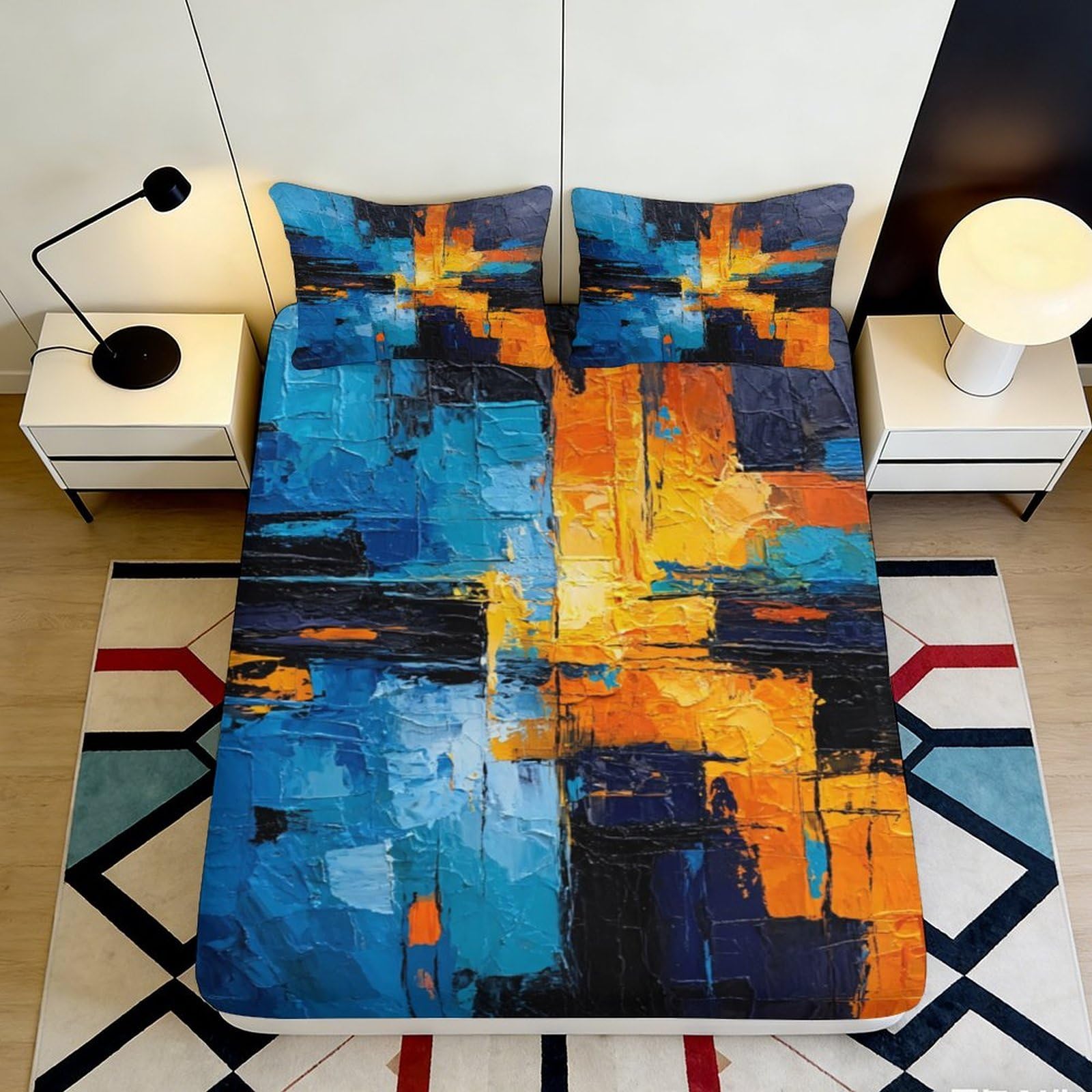 3D Printed Abstract Blue Orange Fitted Sheet Microfiber Anti-Slip Artistic Mattress Cover Washable Bedroom Decor 200x200x25cm