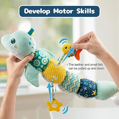 Miniatura 2 de TURKIDS Juguetes musicales de delfín para bebé, juguetes suaves de actividad de animales de peluche con arrugado multisensorial, sonajero y texturas