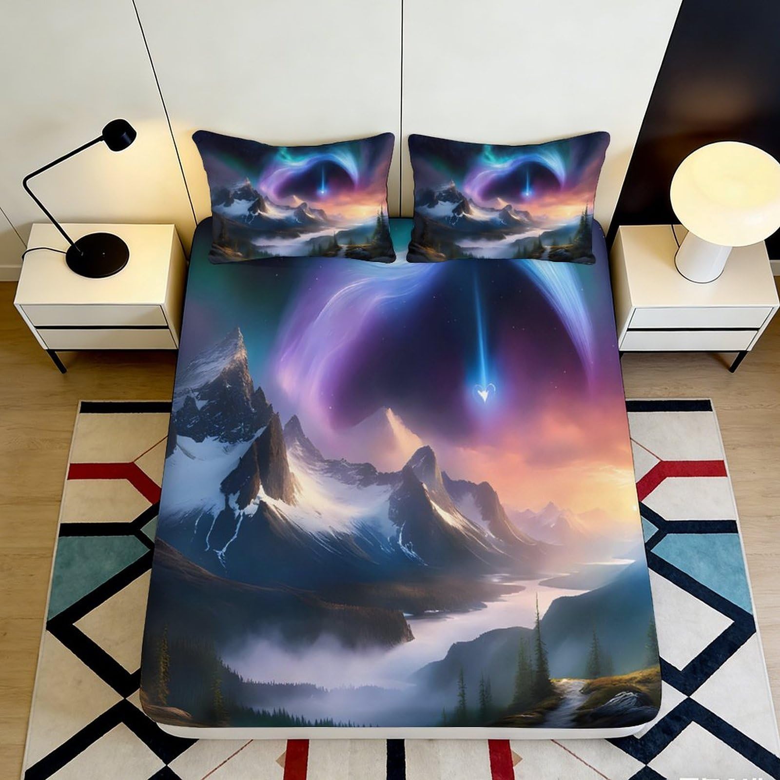 3D Printed Aurora Mountain Fitted Sheet Microfiber Mattress Cover Nordic Sky Bed Decor for Bedroom Guest Room Dorm 90x200x25cm