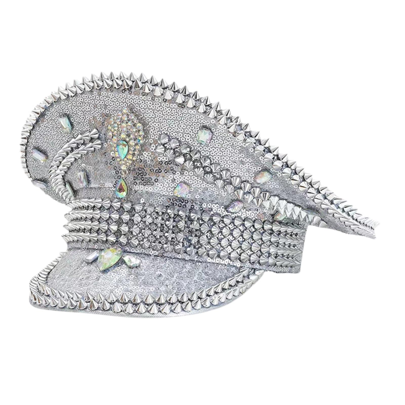 SANSIWU Rhinestone Sequin Captain Hat Sparkly Spiked Steampunk Military Hat Glitter Rave Party Costume Headwear for Women Bachelorette Cap (A-Creamy White, ONE Size)