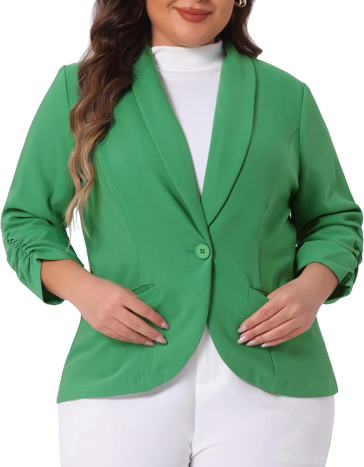 Agnes Orinda Plus Size Blazer for Women 3/4 Ruched Sleeve Open Front Lightweight Work Office Suit Jacket