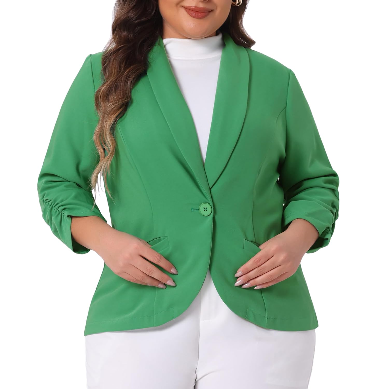 Agnes Orinda Plus Size Blazer for Women 3 4 Ruched Sleeve Open Front Lightweight Work Office Suit Jacket