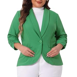 Agnes Orinda Plus Size Blazer for Women 3 4 Ruched Sleeve Open Front Lightweight Work Office Suit Jacket