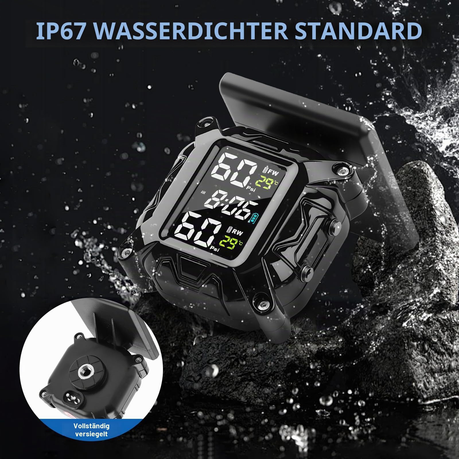 TPMS Motorrad Reifendruckkontrollsystem, Wasserdicht Magnetische/Solar Aufladung, mit 2 Externen Sensoren, für Motorräder, Bike, ATV und Zweirädriges