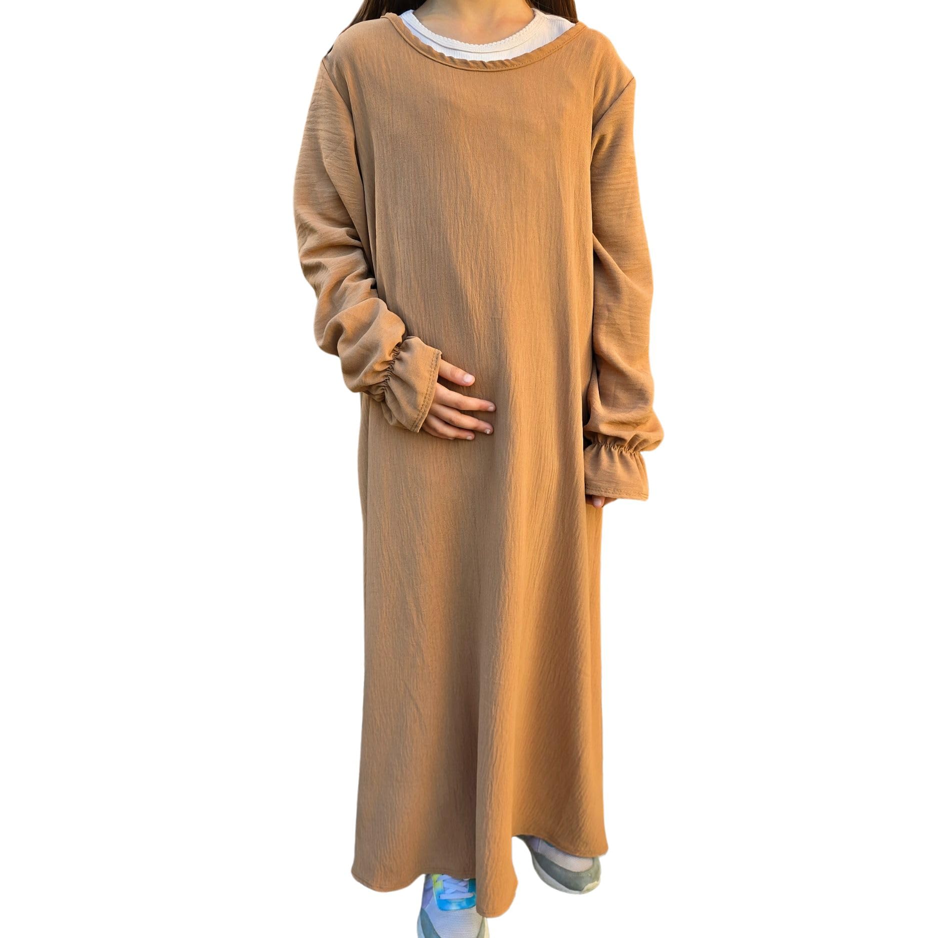 Yaqeen Girls Mocha Abaya Dress For Kids 6–12 | Islamic Modest Dress For Muslim | Long Sleeve Kids Abaya | Lightweight Crepe | Prayer, Ramadan, Eid (, 10 Years)
