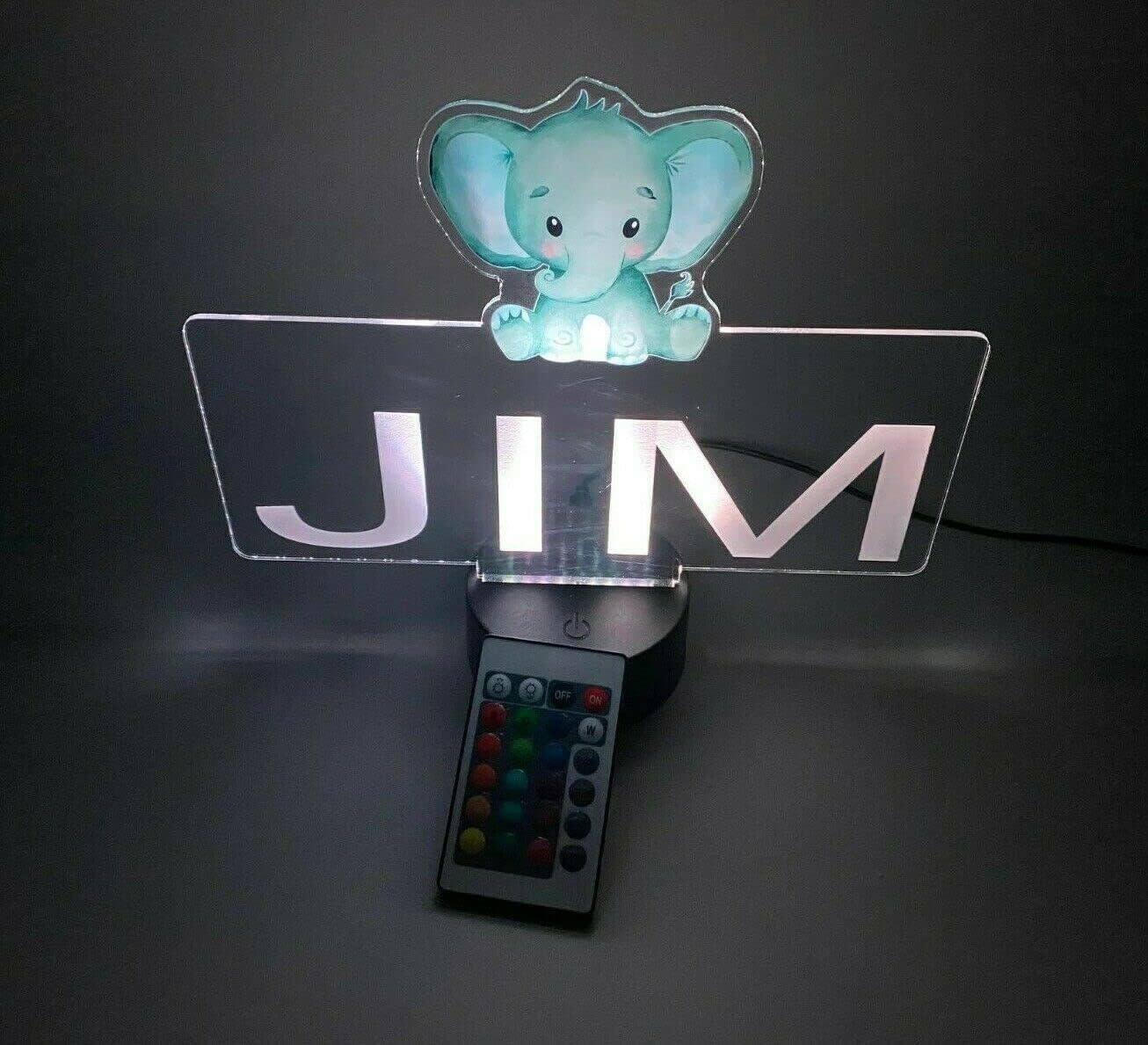 MIRROR MANIA UV Printed Happy Baby Elephant Trunk Up Night Light Up Lamp LED Personalized Free Engraved Home Room Decor Desk Table Lamp Gift with Remote, 16 Colors Changing, It's WOW