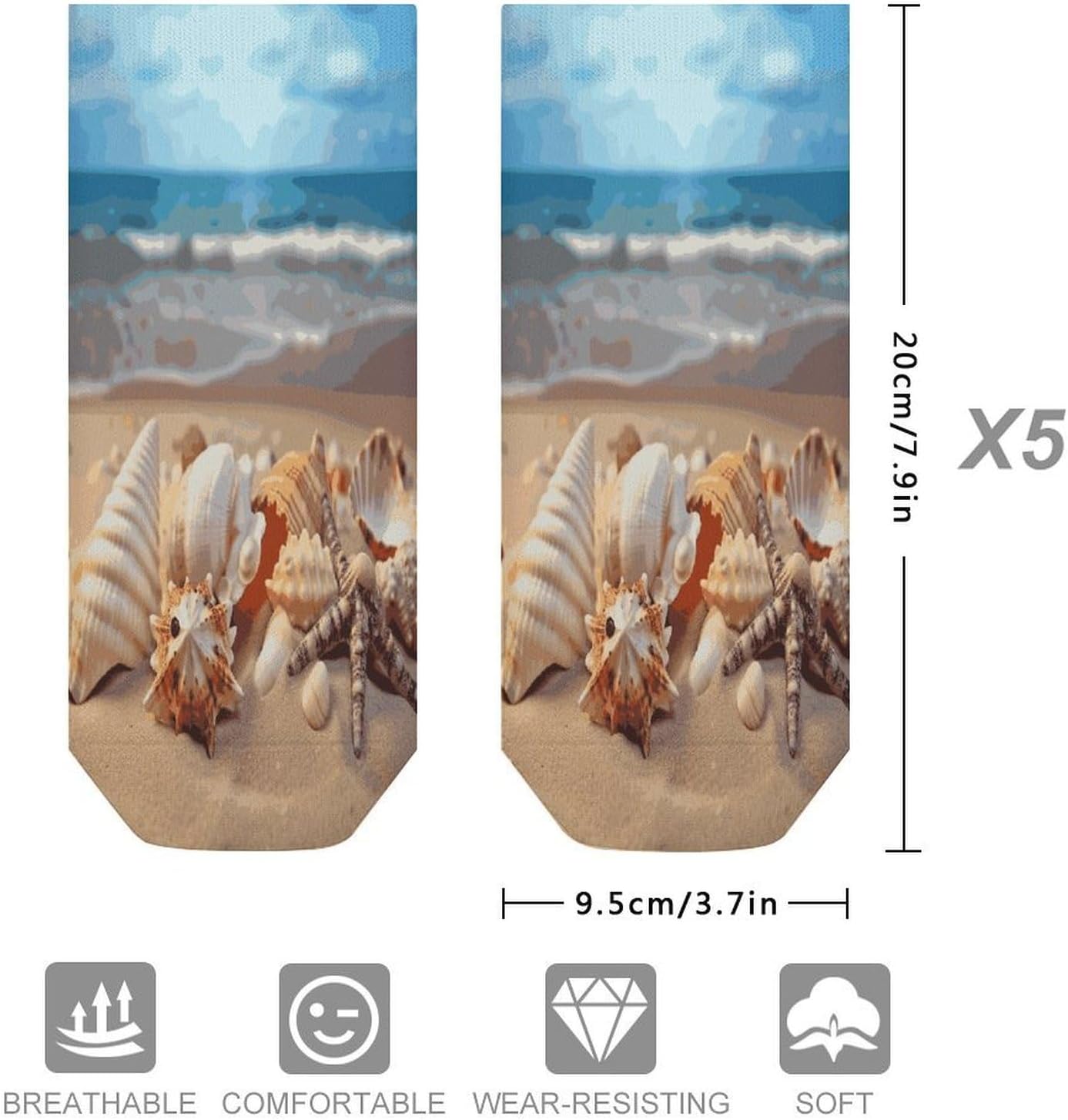 Seashells on The Sandy Beach Ankle Socks for Men Women 5 Pairs | Comfortable Casual Low Cut Socks, Lightweight No Show Breathable Athletic Socks, Soft Mini Crew Socks for All Seasons